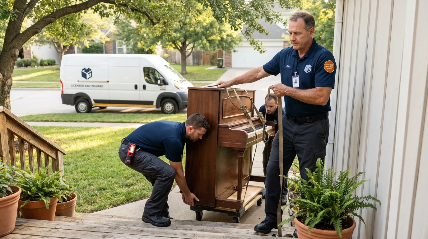 Licensed piano movers securing grand piano in Sandersville, GA