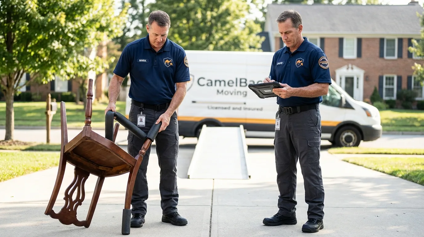 Movers inspecting furniture for damage prevention before loading in Sandersville, GA
