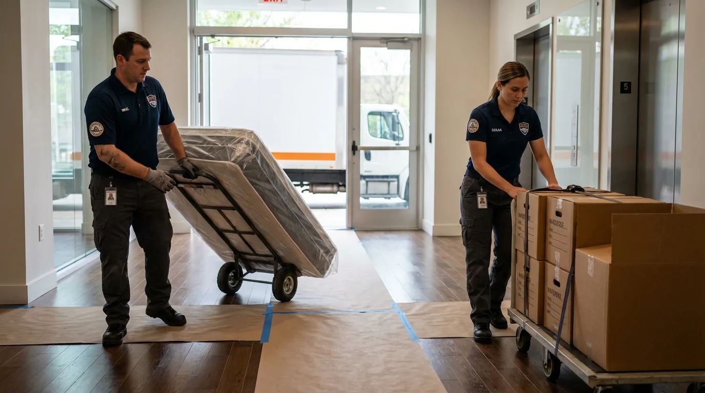 Professional apartment movers loading elevator in Sandersville, GA