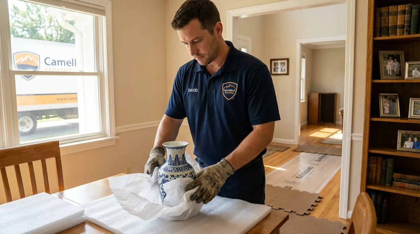 Professional crew carefully wrapping antique vase for senior downsizing move in Sandersville, GA